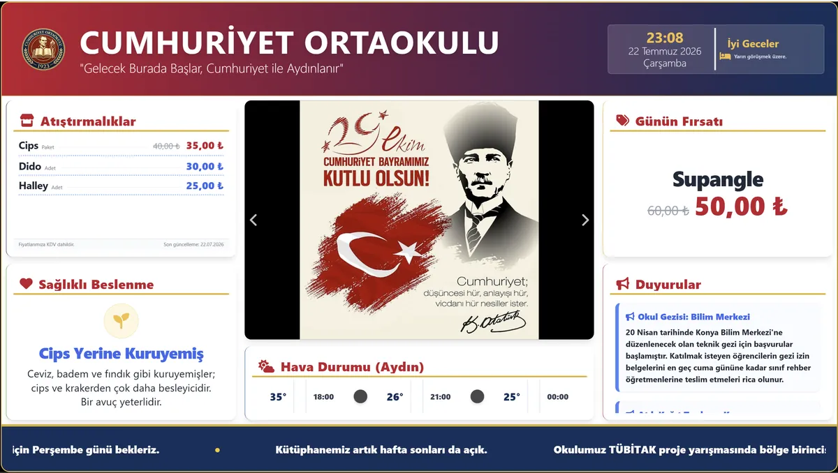 Kantin ekranı — fiyat listesi, günün fırsatı ve beslenme kartları
