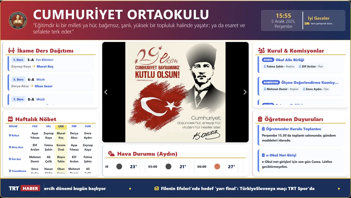 Öğretmenler odası ekranı — ikame dağıtımı, haftalık nöbet, zil çizelgesi ve öğretmen duyuruları